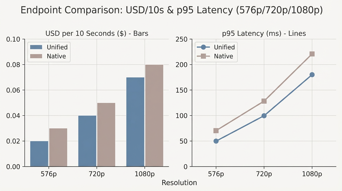 Benchmark chart: cost per 10s and p95 latency by resolution across unified and native endpoints