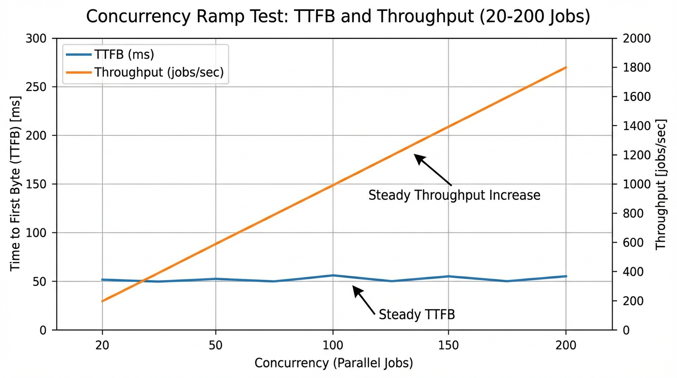 Concurrency ramp chart with stable TTFB and throughput under load