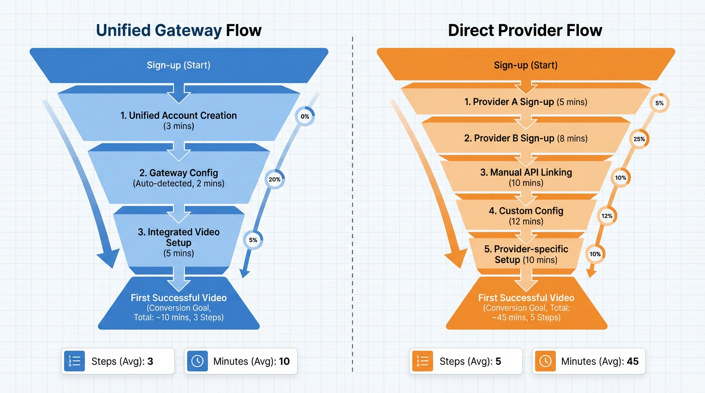 Funnel chart of clicks and minutes from sign-up to first video across routes