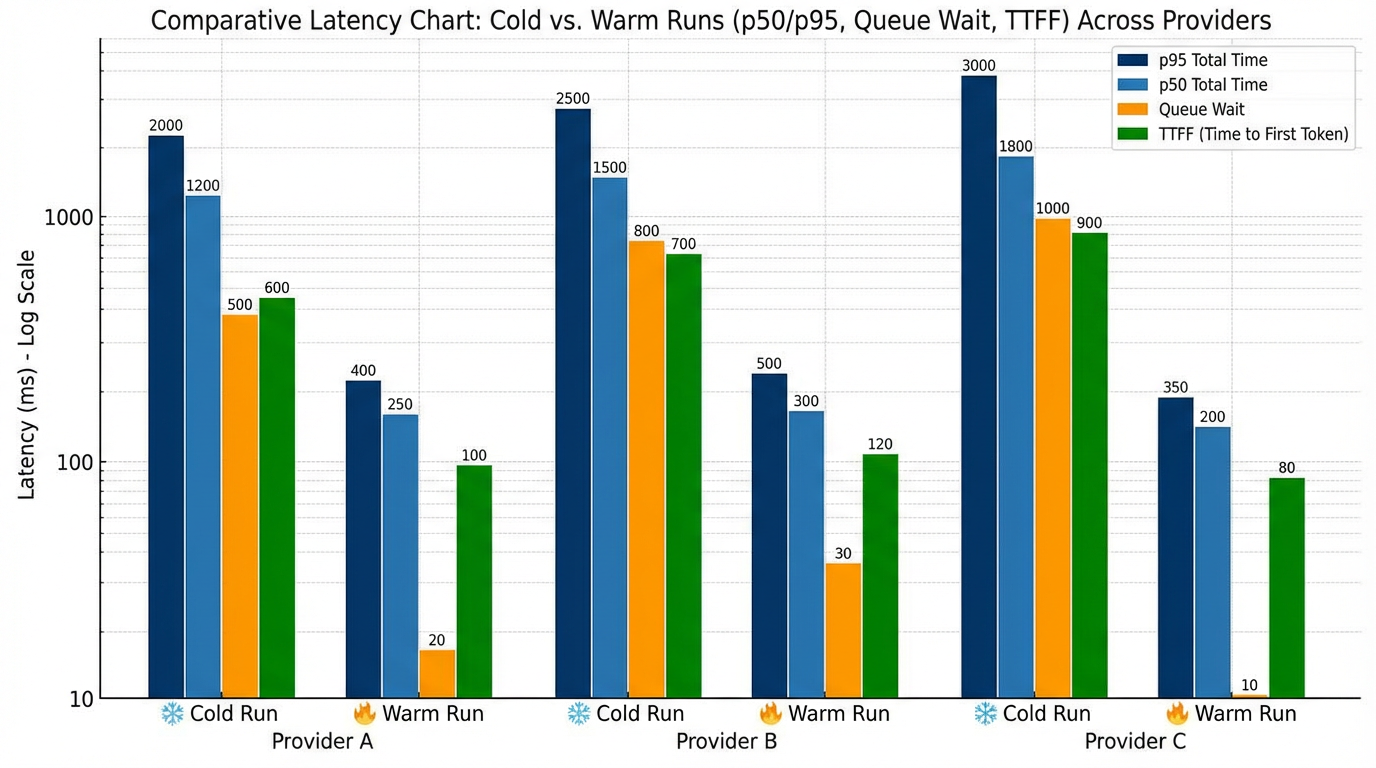 Latency distribution chart comparing total time, queue wait, and TTFF for cold vs warm runs
