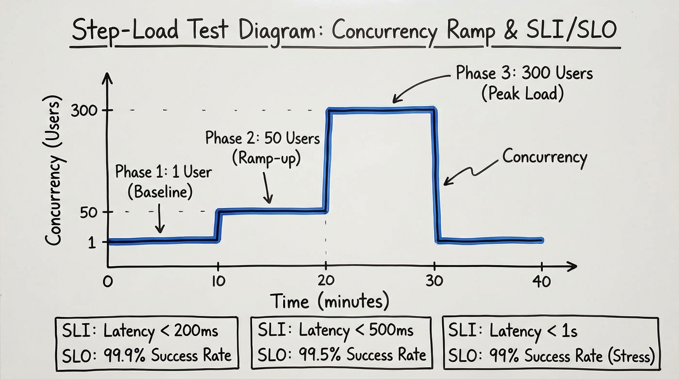 Step-load test pattern: 1→50→300 concurrency with tracked SLI metrics