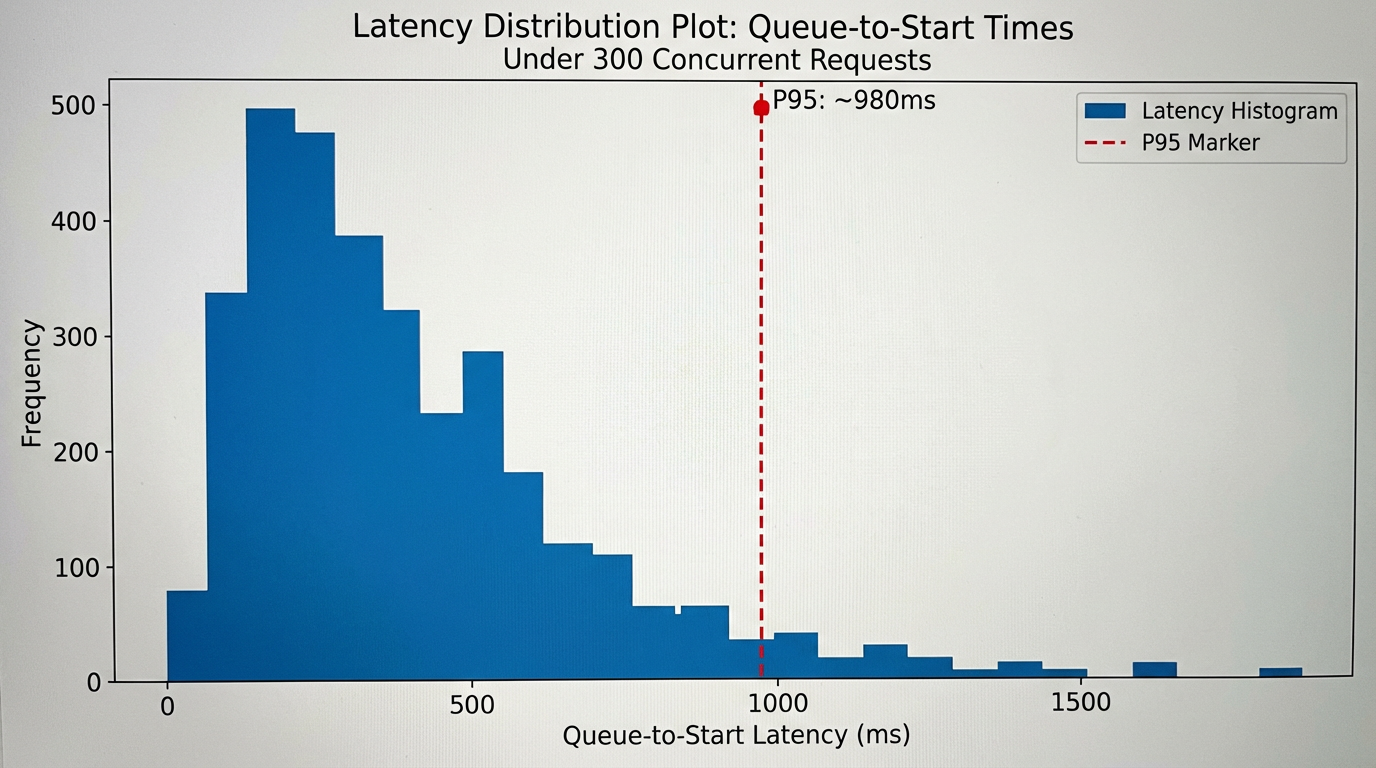 Plot of queue-to-start latency distribution under 300 concurrent jobs